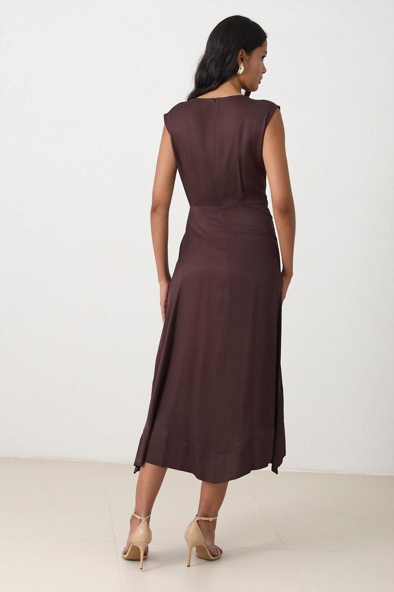 Setre Collar Tie Detail Draped Dress Brown