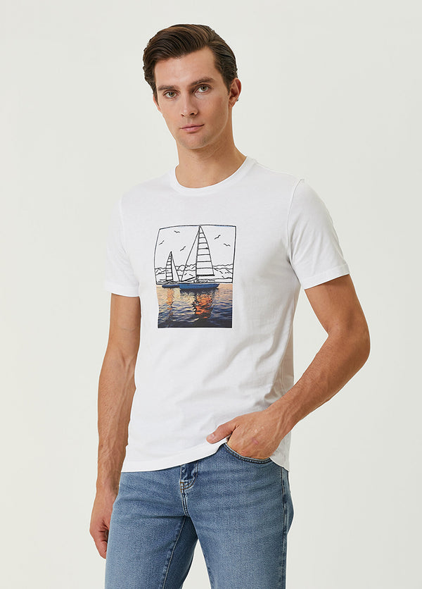 Beymen Club Men Sea Printed Sailing Embroidered T-Shirt White