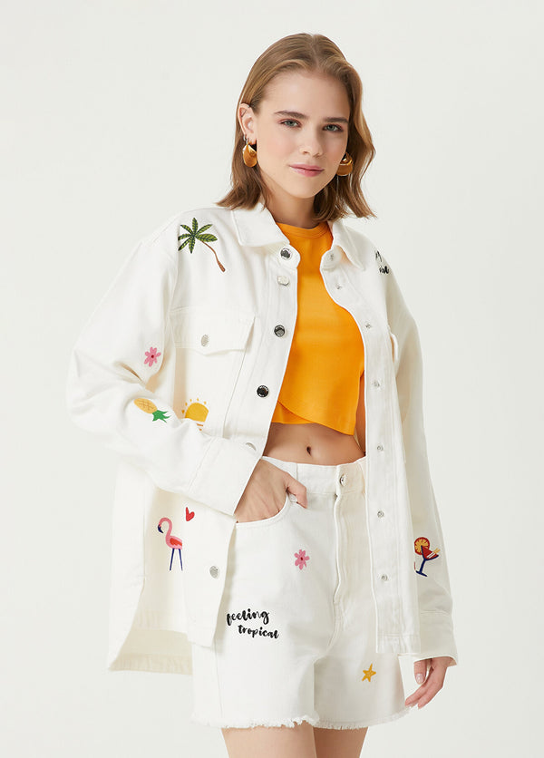 Beymen Club Colored Embroidery Oversize Jean Jacket Off White