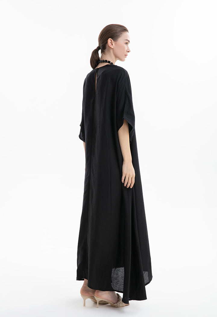 Choice Textured Linen Long Flared Dress Black