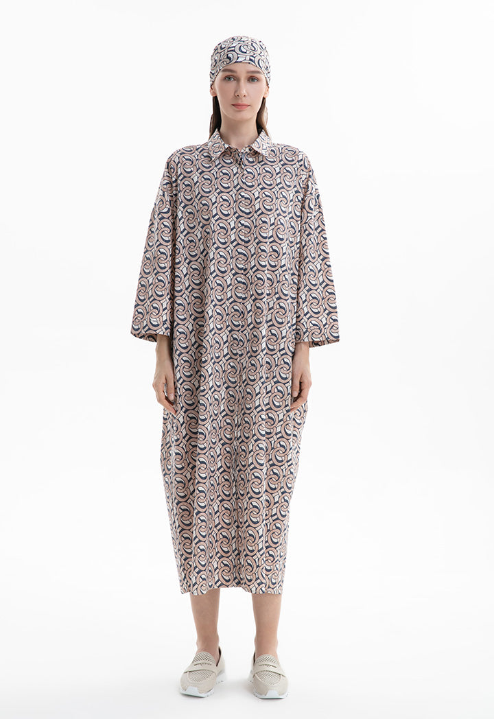 Choice Printed Shirt Dress With Long Sleeve Beige-Print