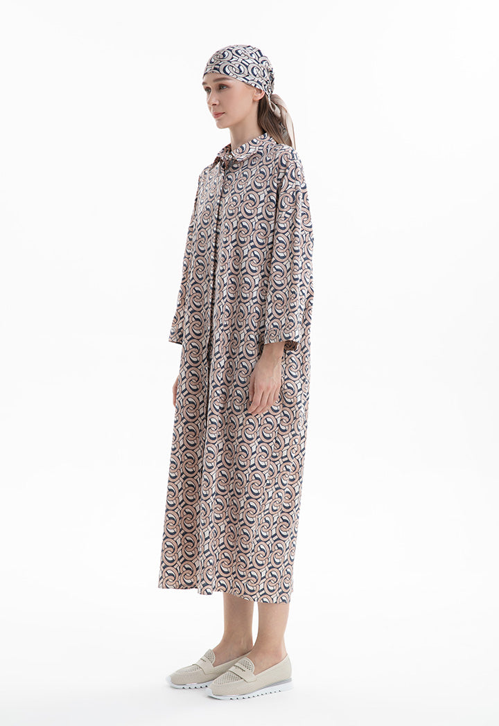 Choice Printed Shirt Dress With Long Sleeve Beige-Print