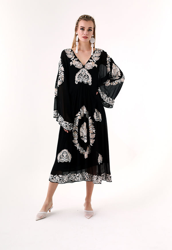 Choice Embroidered Kaftan Midi Dress Black - Wardrobe Fashion