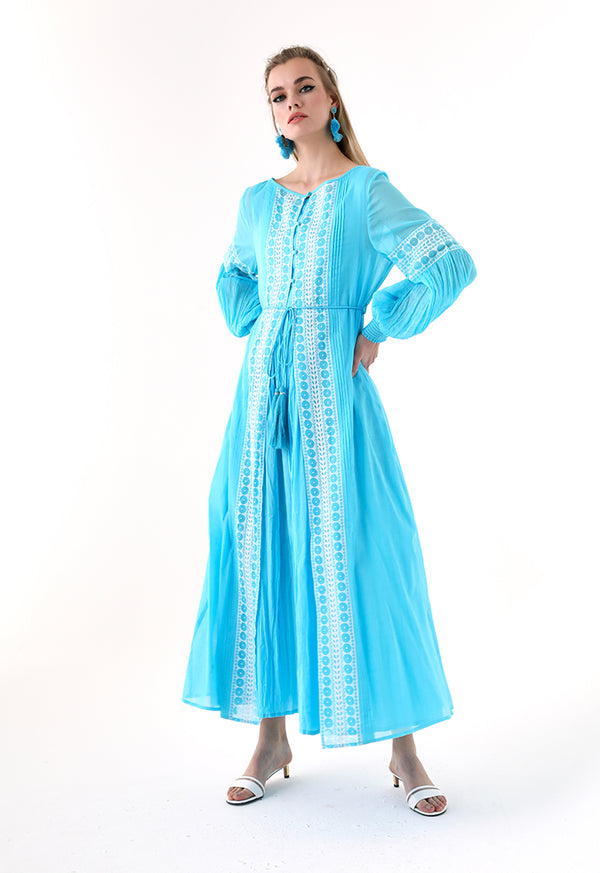 Choice Printed Beadwork Abaya Blue - Wardrobe Fashion