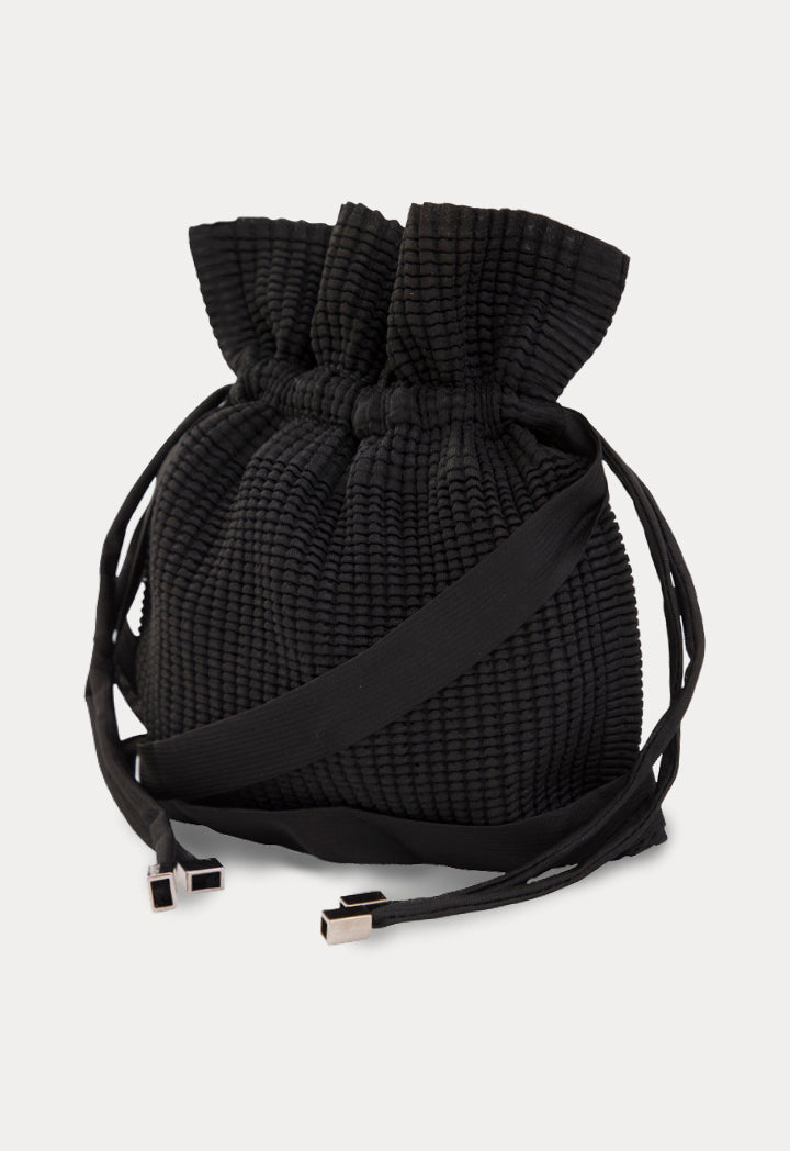 Choice Textured Drawstring Pouch Bag Black - Wardrobe Fashion