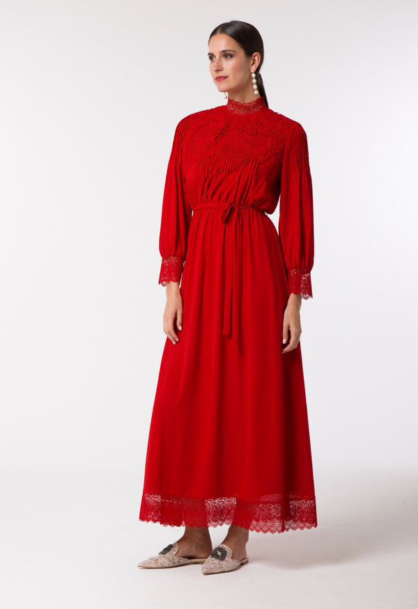 Choice Chiffon Pleated Lace Dress Red