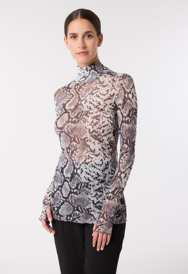 Choice Snake Print Mesh Top Print Off White