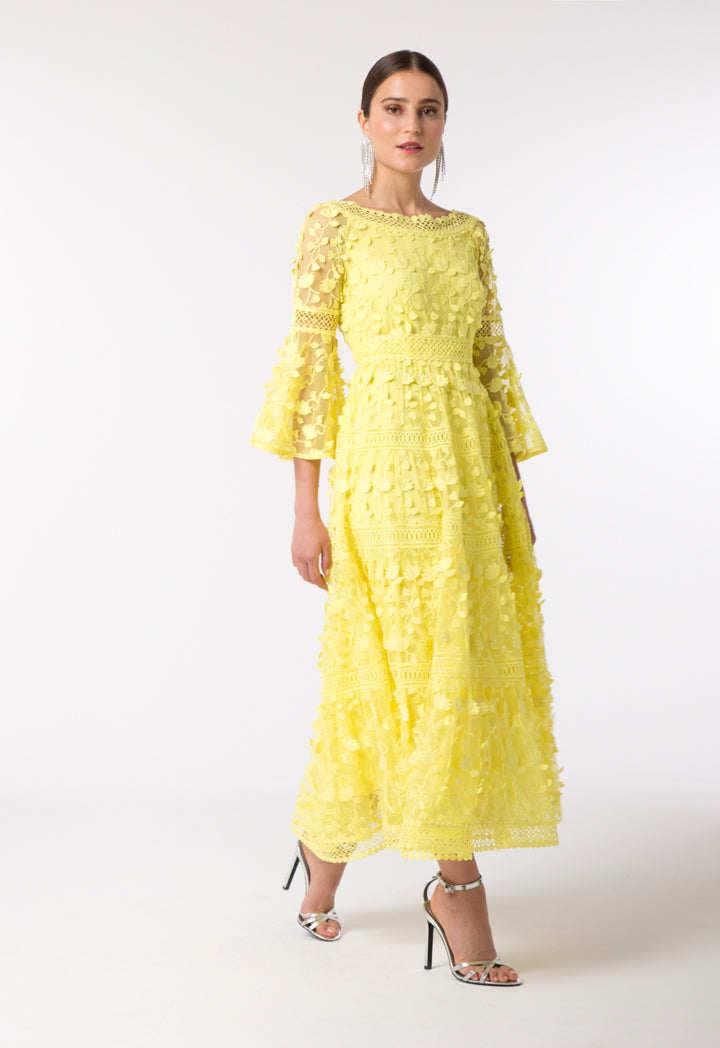 Choice Textured Tulle Lace Trim Dress Yellow