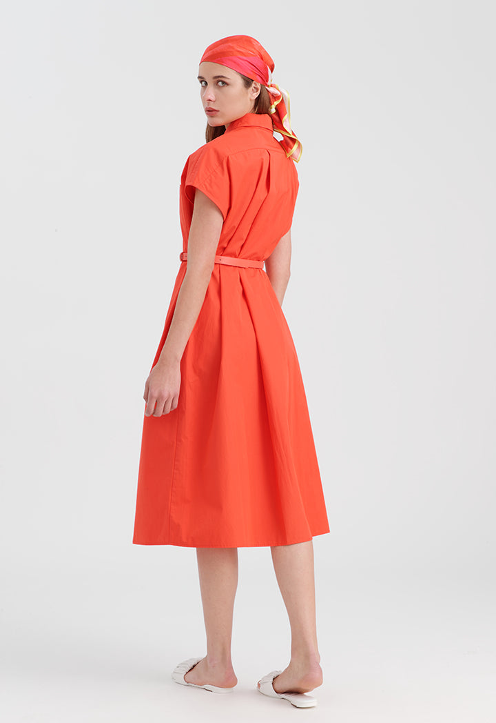 Choice Solid Shirt Dress With Belt Coral Red