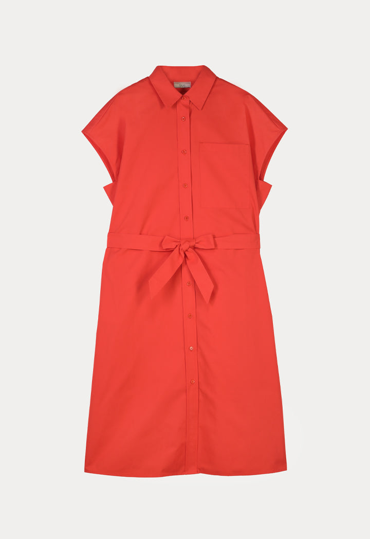 Choice Solid Shirt Dress With Belt Coral Red