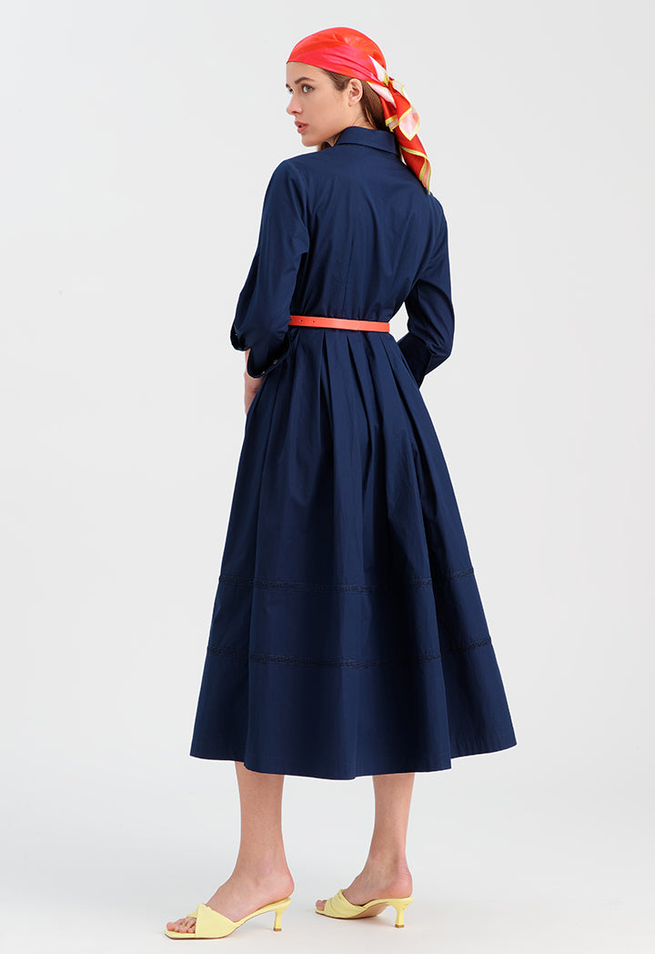 Choice Solid Dress With Pleated Waist Navy