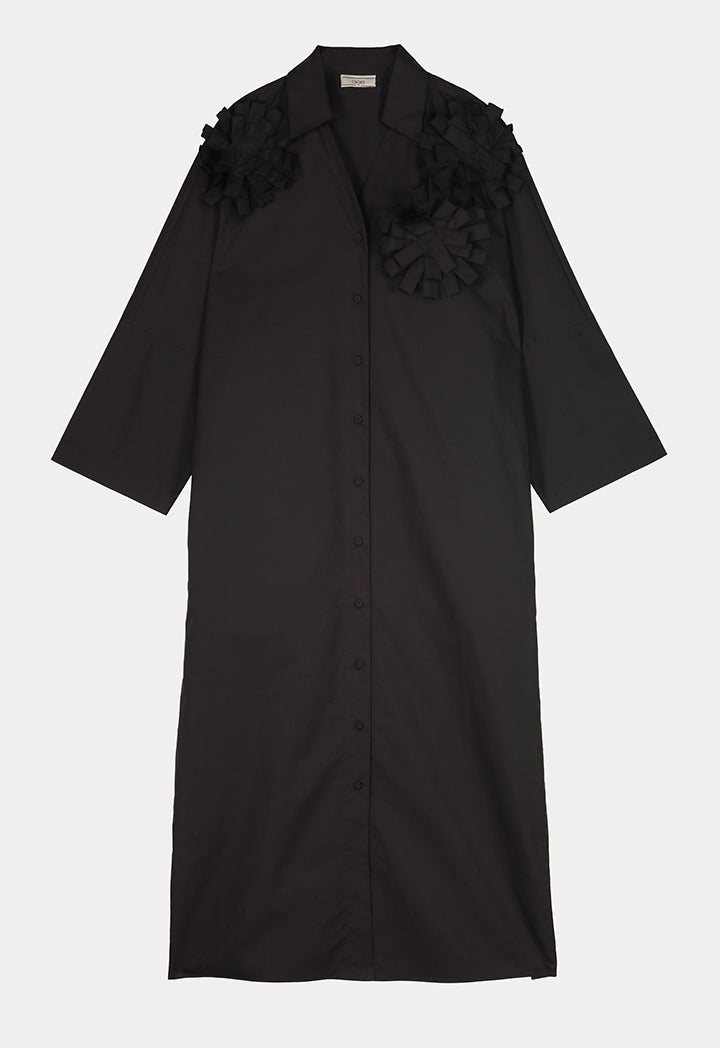 Choice Solid Front Ruffles Maxi Shirt Dress Black