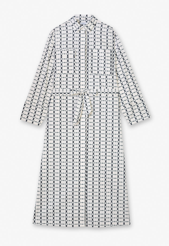Choice Patterned Belted Shirt Dress Offwhite