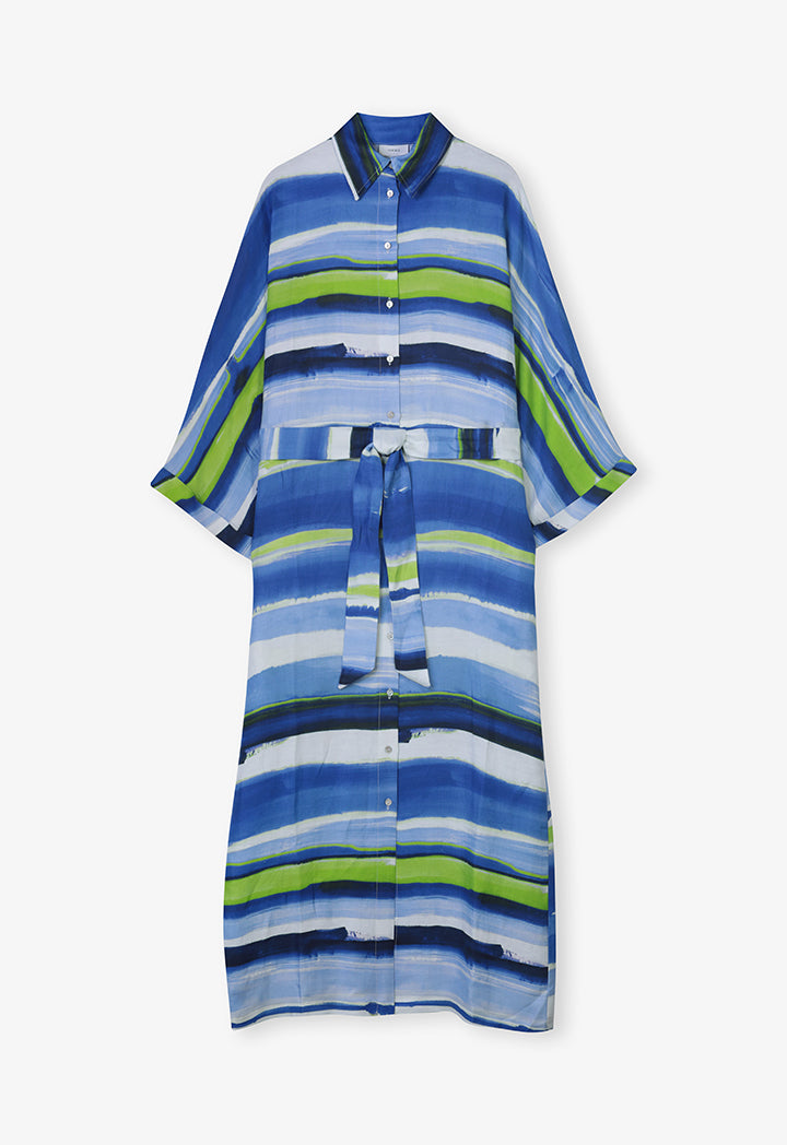 Choice Printed Belted Maxi Shirt Dress  Blue