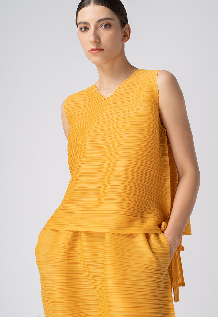 Choice Allover Pleated Top With Tie Detail Mustard