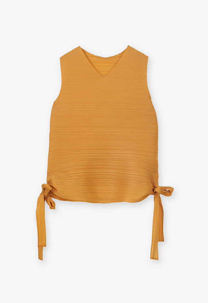 Choice Allover Pleated Top With Tie Detail Mustard