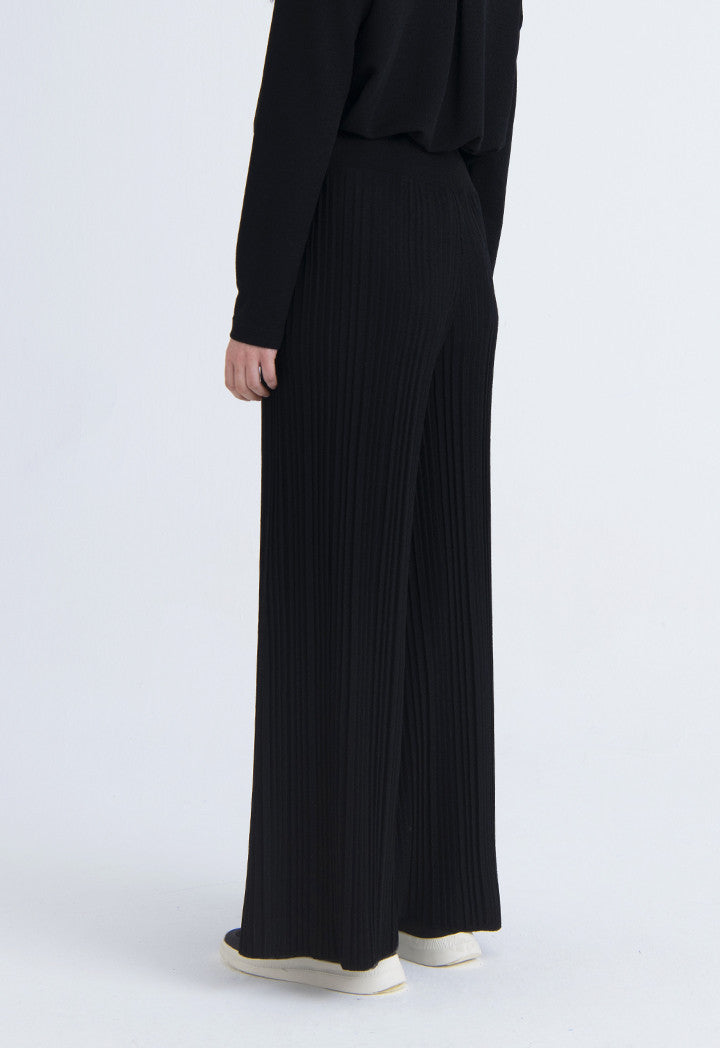 Choice Solid Color Knitted Pleated Culottes Black