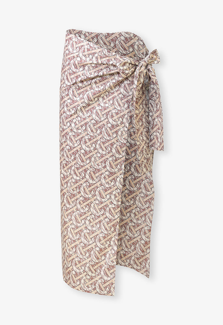 Choice Printed Monogram Wrap Flared Maxi Skirt Brown