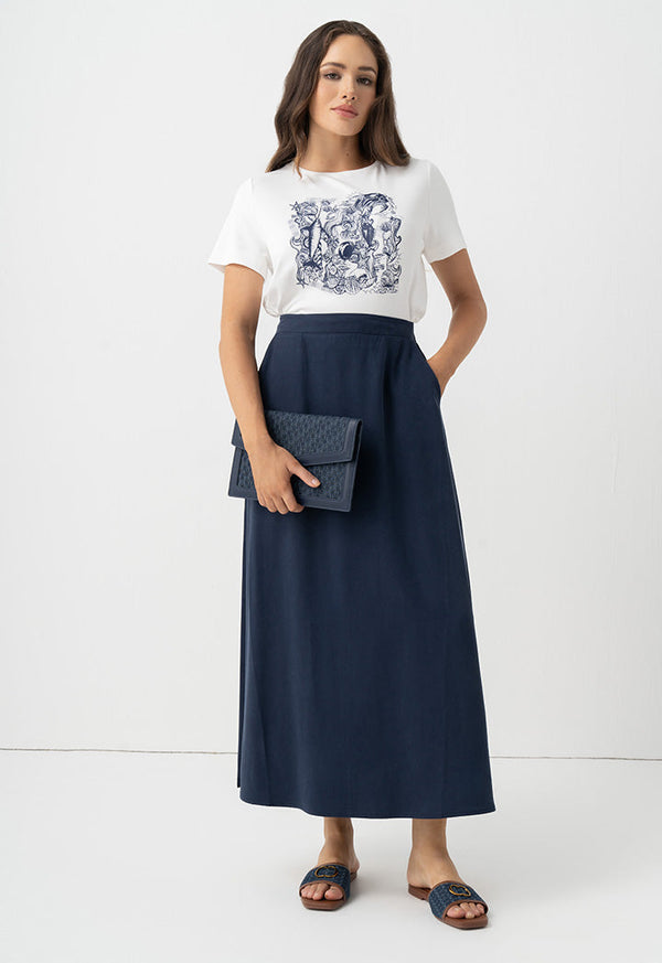 Choice Solid Pleated Flared Skirt Navy