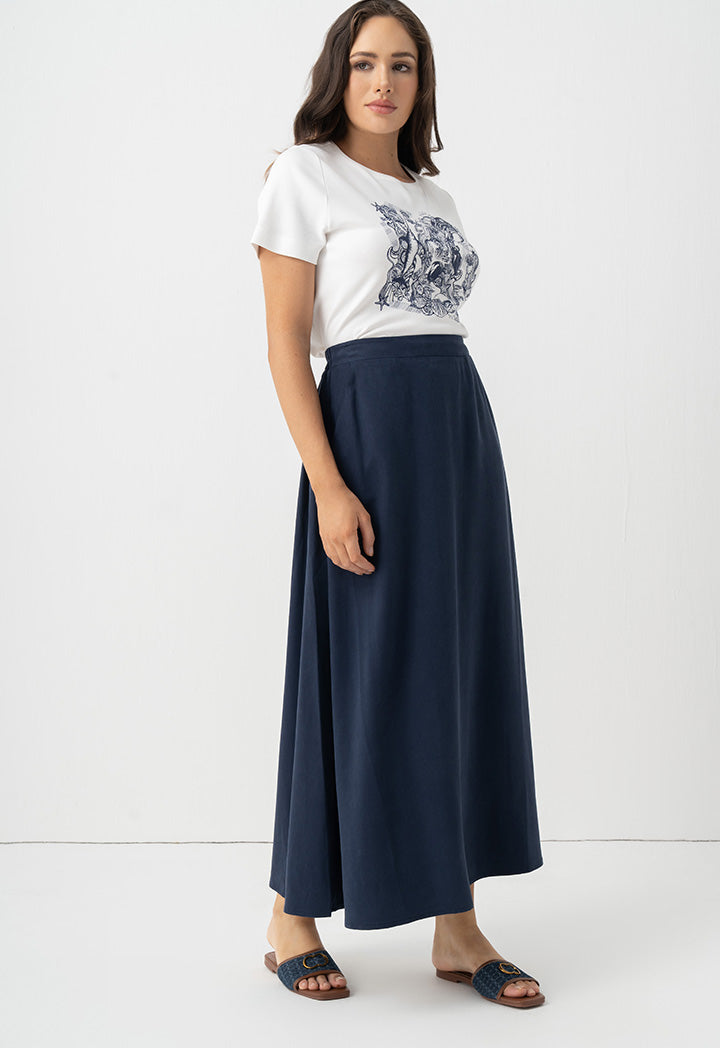 Choice Solid Pleated Flared Skirt Navy