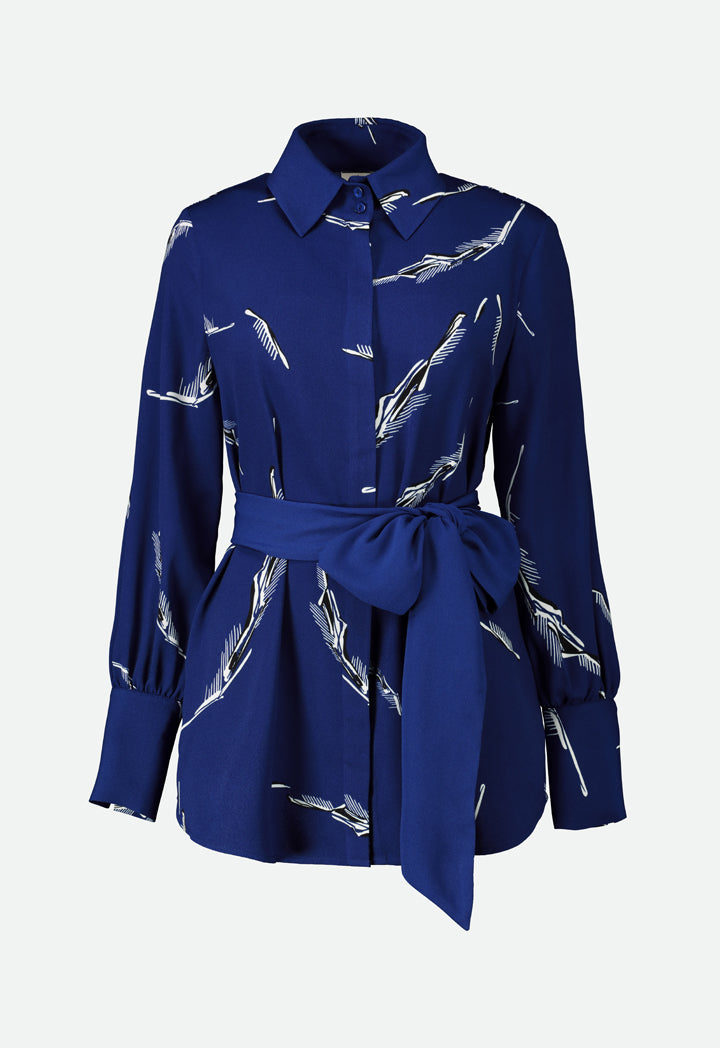 Choice Printed Belted Shirt Cobalt - Wardrobe Fashion