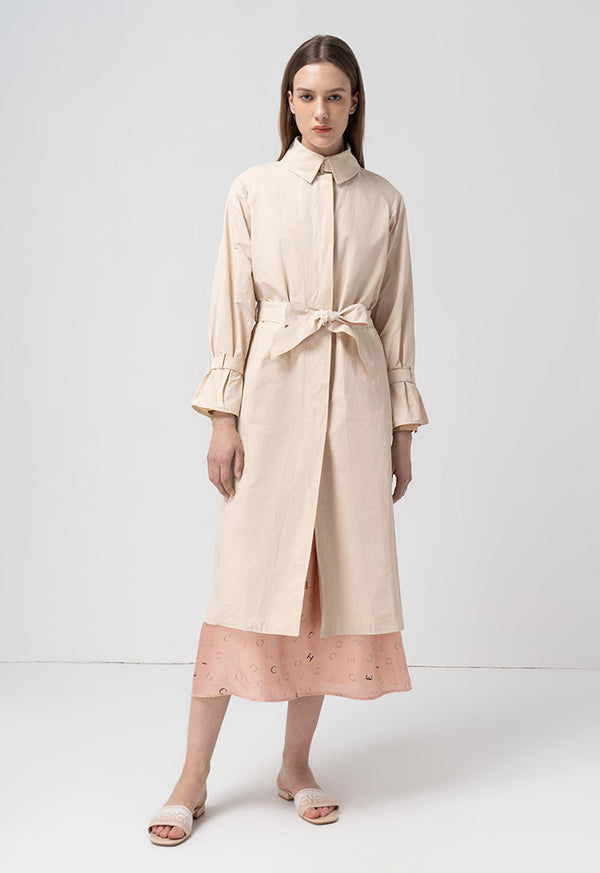 Choice Solid Long Sleeves Belted Maxi Jacket  Beige