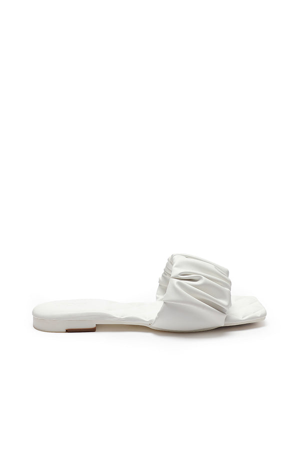 Choice Quilted Ruched Faux Leather Flat Mule Sandal White