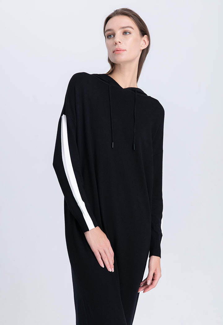 Choice Drawstring Hoodie Knitted Maxi Dress Black