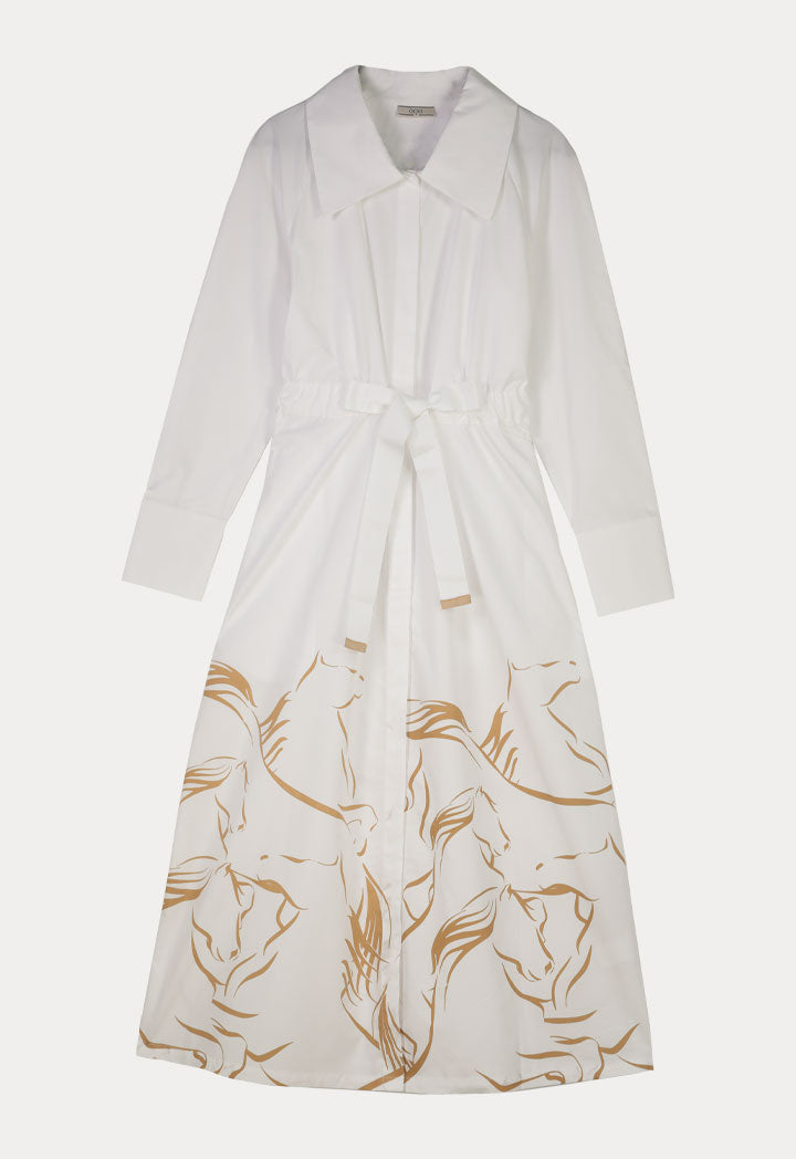 Choice Drawstring Waist Bottom Print Dress Off White