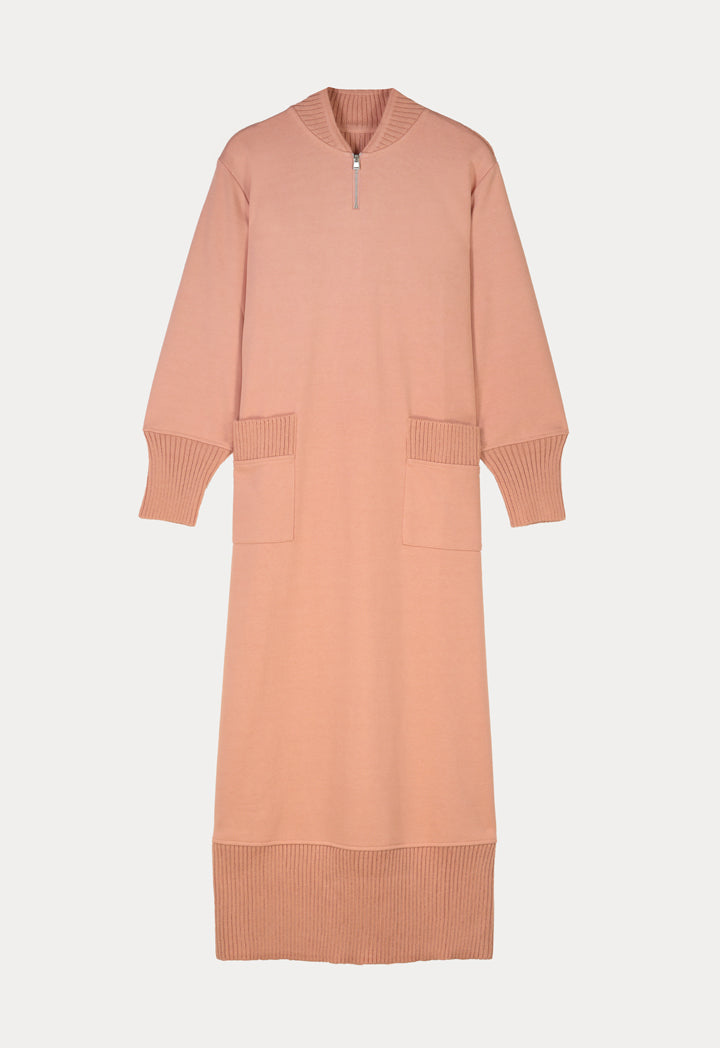 Choice Double Knit Trim Stand Collar Dress Apricot