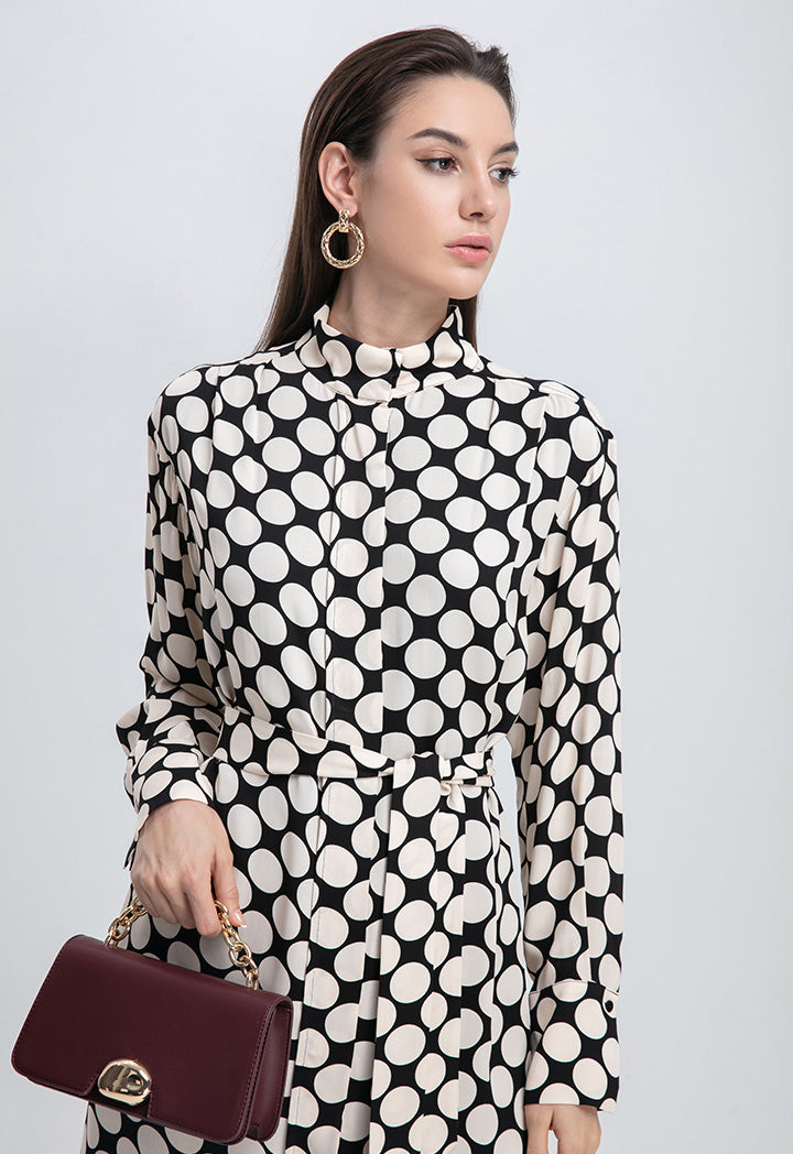 Choice Polka-Dot Stand Collar Concealed Button Placket Dress Beige - Black
