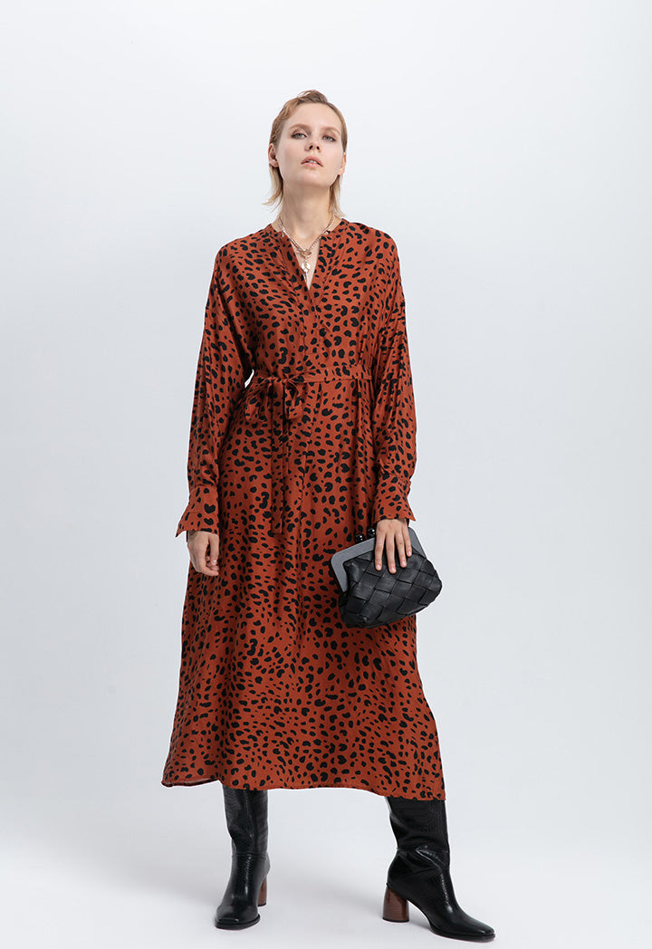 Choice Leopard Print Belted Long Dress Cinnamon