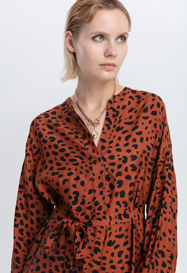 Choice Leopard Print Belted Long Dress Cinnamon