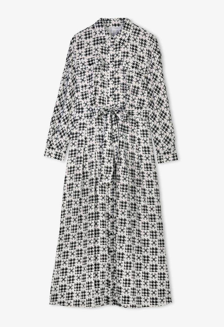 Choice Printed Monogram Belted Maxi Shirt Dress Black-White