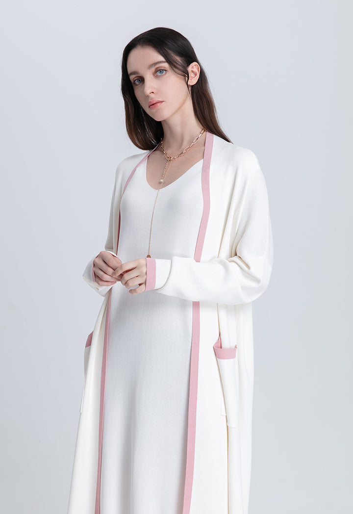 Choice Open Front Contrast Color Edge Knitted Cardigan Winter White