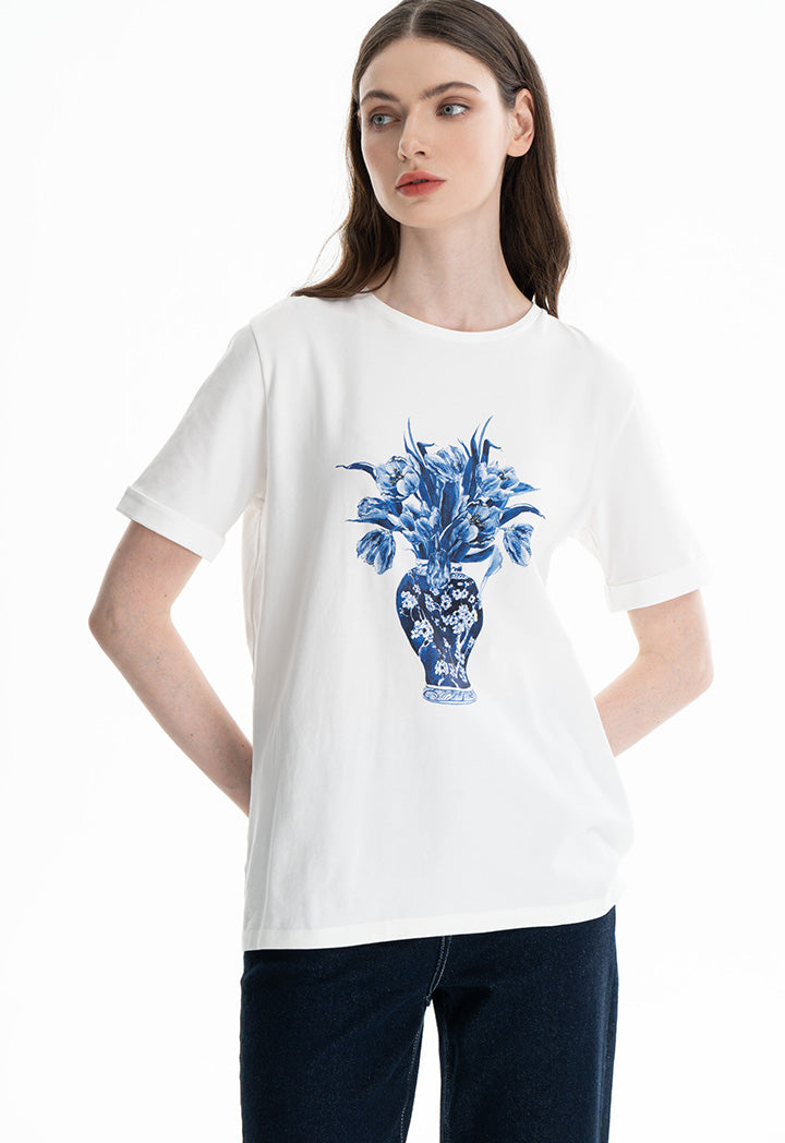 Choice Floral Vase Printed T-Shirt Offwhite