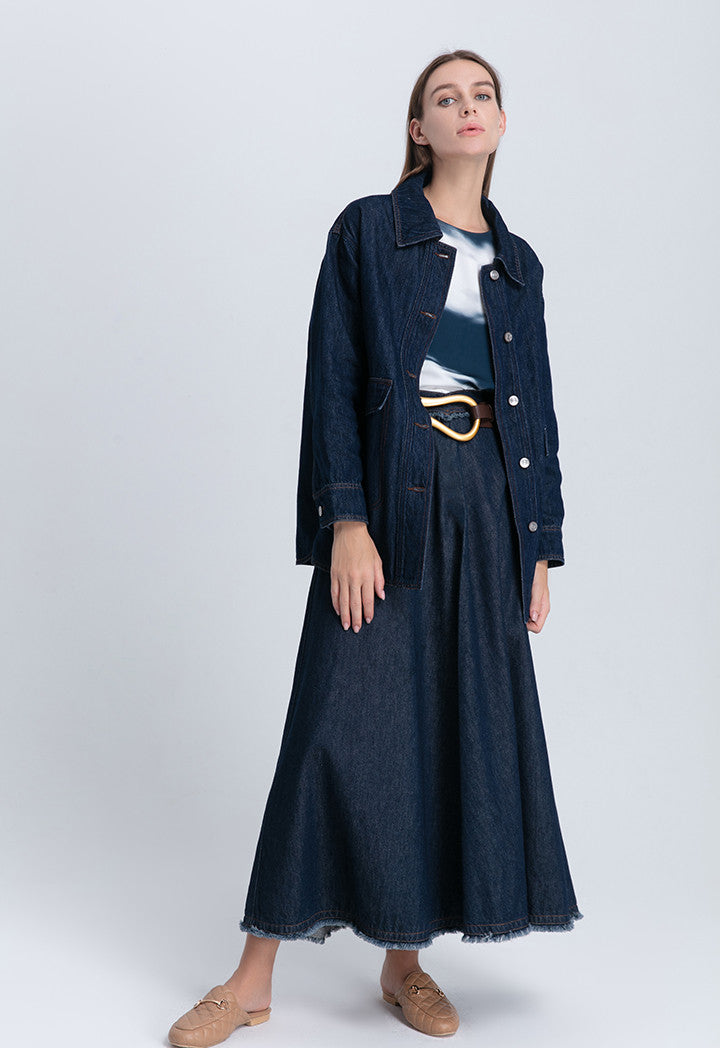 Choice Fringed A-Line Denim Long Skirt Blue