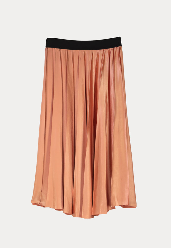 Choice Contrast Color Exposed Waist Elastic Pleated Skirt Apricot