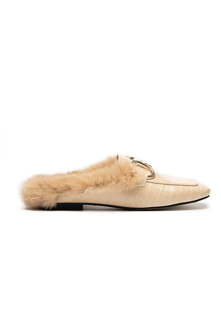 Choice Fluffy Flat Loafers With Metal Buckle Beige