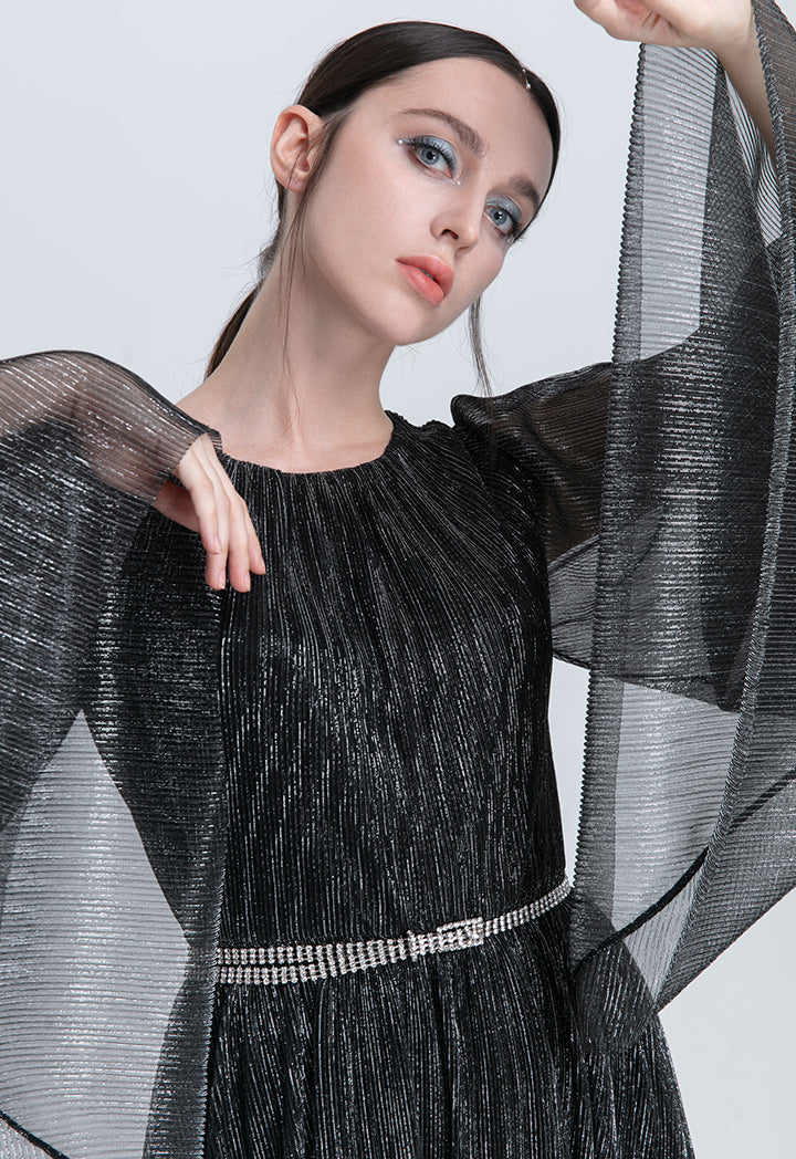 Choice Shirred Waist Angel Sleeve Lurex Maxi Dress Black