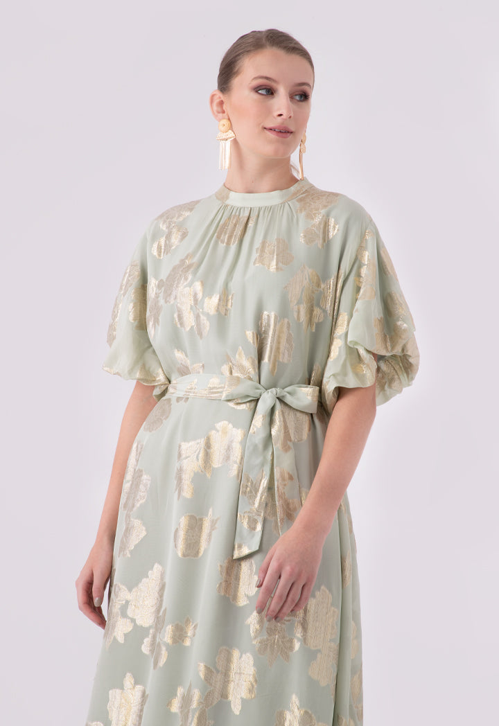 Choice Lurex Jacquard Flounce Sleeve Maxi Dress Green