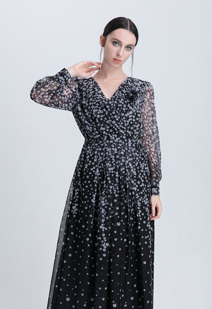 Choice Printed Pleated Waist Maxi Dress Black