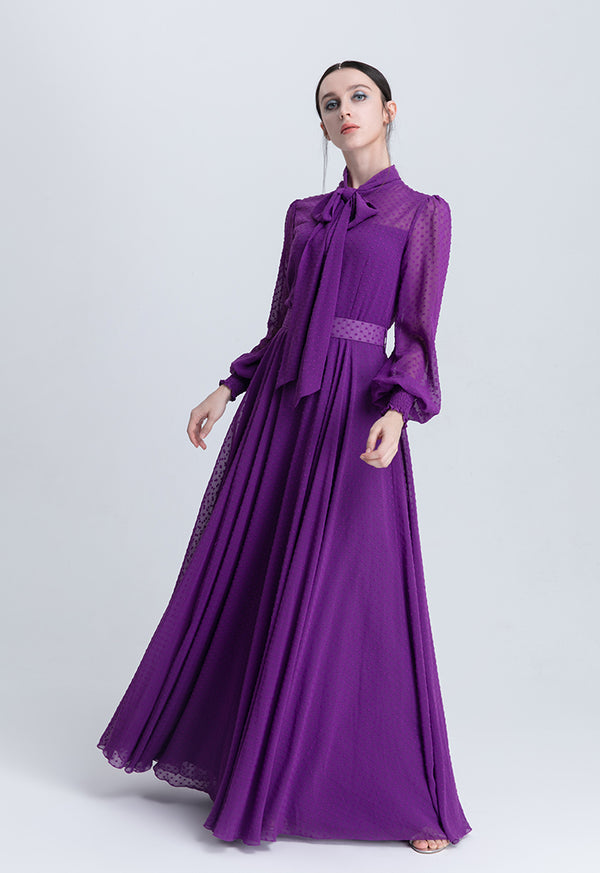 Choice Tie Neck Smocked Sleeve Maxi Dress Purple