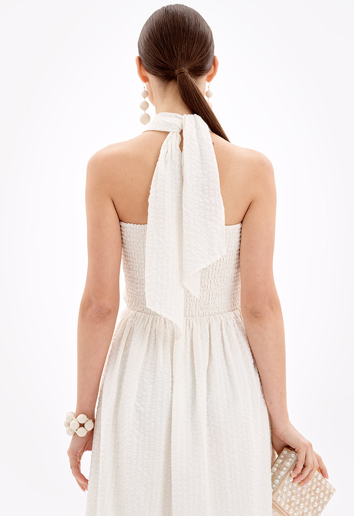 Choice Sleeveless Halter Neck Textured Midi Dress-Ramadan Style Off White