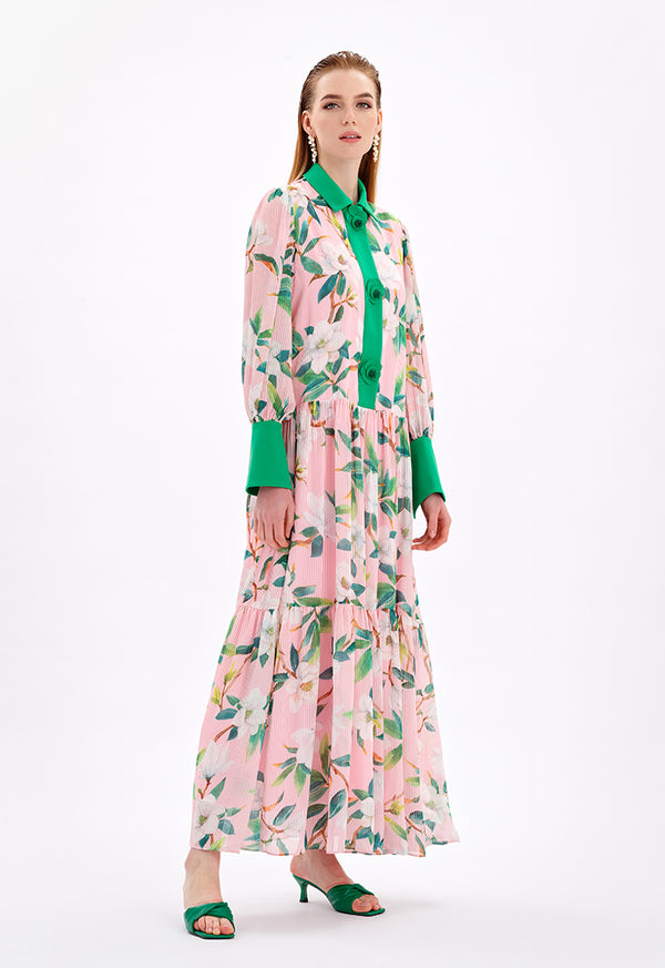 Choice Floral Pleated Shirt Dress Pink