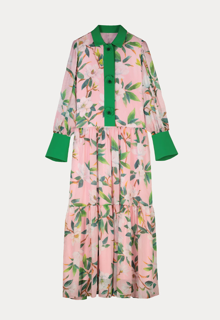 Choice Floral Pleated Shirt Dress Pink