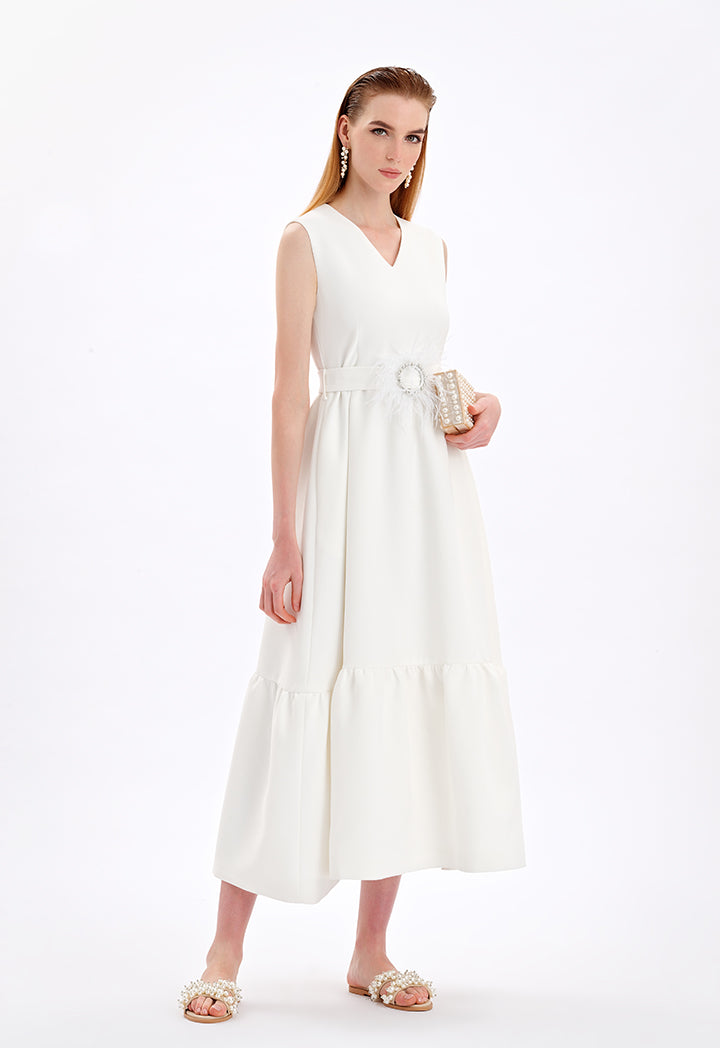 Choice Sleeveless Belted Dress Off White