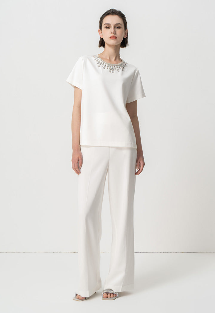 Choice Jewel Neckline Fashion Top Off White