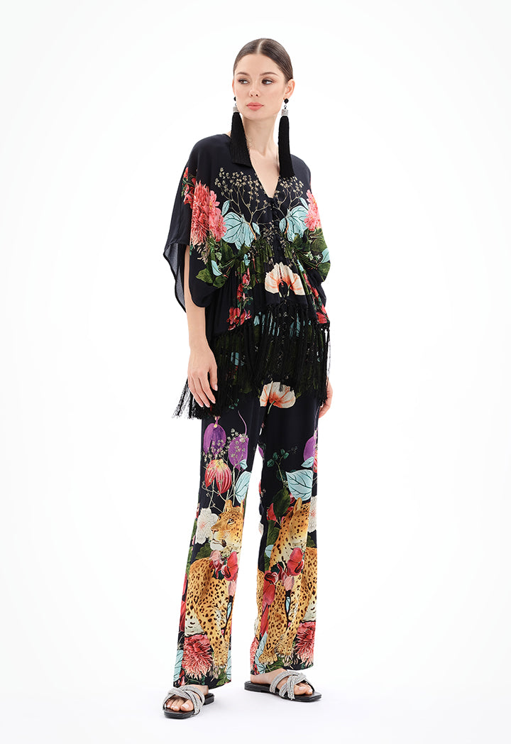 Choice Floral Print Blouse With Tassel Detail Black