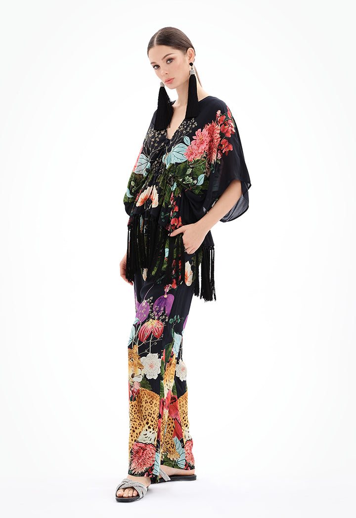 Choice Floral Print Blouse With Tassel Detail Black